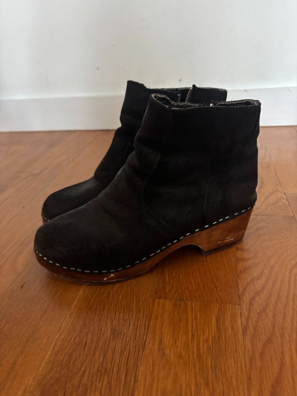 black Swedish clogs with Auckland shearling